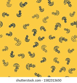 Blue line Electric saving plug in leaf icon isolated seamless pattern on yellow background. Save energy electricity icon. Environmental protection icon. Bio energy.  Vector Illustration