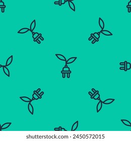 Blue line Electric saving plug in leaf icon isolated seamless pattern on green background. Save energy electricity. Environmental protection. Bio energy.  Vector
