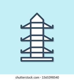 Blue line Electric tower used to support an overhead power line icon isolated on blue background. High voltage power pole line.  Vector Illustration