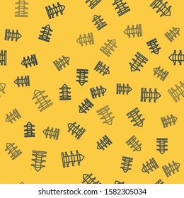 Blue line Electric tower used to support an overhead power line icon isolated seamless pattern on yellow background. High voltage power pole line.  Vector Illustration