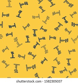Blue line Electric tower used to support an overhead power line icon isolated seamless pattern on yellow background. High voltage power pole line.  Vector Illustration