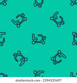 Blue line Electric wheelchair for disabled people icon isolated seamless pattern on green background. Mobility scooter icon.  Vector