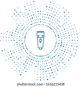 Blue line Electrical hair clipper or shaver icon isolated on white background. Barbershop symbol. Abstract circle random dots. Vector Illustration