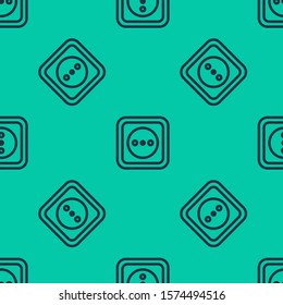 Blue line Electrical outlet icon isolated seamless pattern on green background. Power socket. Rosette symbol.  Vector Illustration