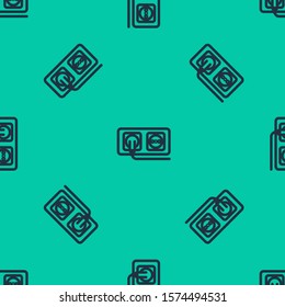 Blue line Electrical outlet icon isolated seamless pattern on green background. Power socket. Rosette symbol.  Vector Illustration
