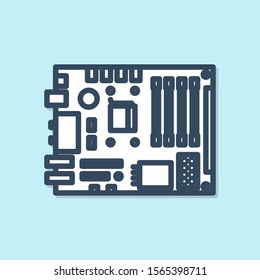 Blue line Electronic computer components motherboard digital chip integrated science icon isolated on blue background. Circuit board.  Vector Illustration