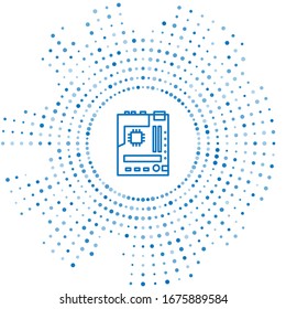Blue line Electronic computer components motherboard digital chip integrated science icon isolated on white background. Circuit board. Abstract circle random dots. Vector Illustration