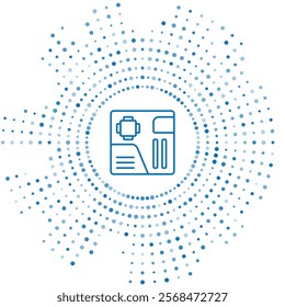 Blue line Electronic computer components motherboard digital chip integrated science icon isolated on white background. Circuit board. Abstract circle random dots. Vector