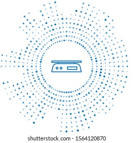 Blue line Electronic scales icon isolated on white background. Weight measure equipment. Abstract circle random dots. Vector Illustration