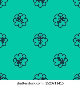 Blue line Emergency star - medical symbol Caduceus snake with stick icon isolated seamless pattern on green background. Star of Life.  Vector Illustration
