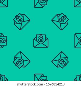 Sobre de línea azul con icono del 8 de marzo aislado sin fisuras en fondo verde. Mensaje amor. Carta de amor y romance. Día Internacional de la Mujer Feliz. Ilustración vectorial