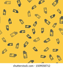 Blue line Envelope with coin dollar symbol icon isolated seamless pattern on yellow background. Salary increase, money payroll, compensation income.  Vector Illustration