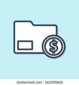 Blue line Envelope with coin dollar symbol icon isolated on blue background. Salary increase, money payroll, compensation income.  Vector Illustration