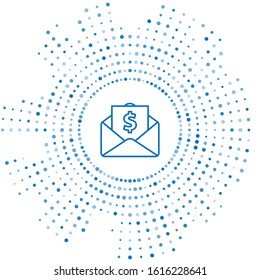 Blue line Envelope with coin dollar symbol icon isolated on white background. Salary increase, money payroll, compensation income. Abstract circle random dots. Vector Illustration
