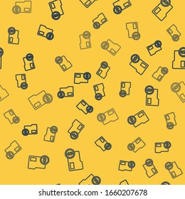 Blue line Envelope with coin dollar symbol icon isolated seamless pattern on yellow background. Salary increase, money payroll, compensation income.  Vector Illustration
