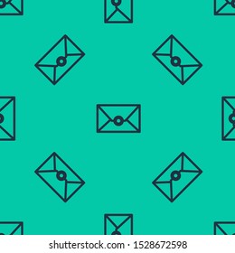 Blue line Envelope icon isolated seamless pattern on green background. Email message letter symbol.  Vector Illustration