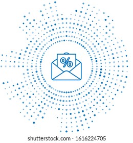 Blue line Envelope with an interest discount from the store icon isolated on white background. Abstract circle random dots. Vector Illustration