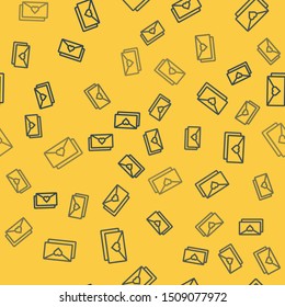Blue line Envelope with Valentine heart icon isolated seamless pattern on yellow background. Message love. Letter love and romance.  Vector Illustration