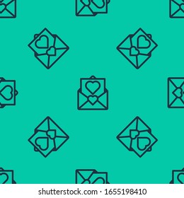 Blue line Envelope with Valentine heart icon isolated seamless pattern on green background. Message love. Letter love and romance.  Vector Illustration