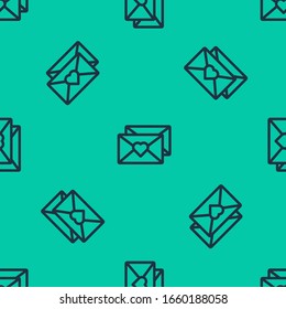 Blue line Envelope with Valentine heart icon isolated seamless pattern on green background. Message love. Letter love and romance.  Vector Illustration