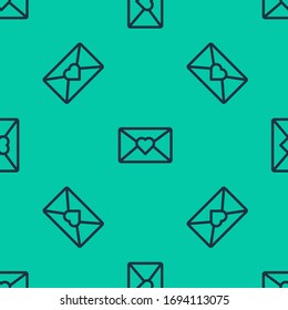 Blue line Envelope with Valentine heart icon isolated seamless pattern on green background. Message love. Letter love and romance.  Vector Illustration