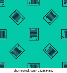 Blue line Exam sheet with check mark icon isolated seamless pattern on green background. Test paper, exam, or survey concept. School test or exam.  Vector Illustration