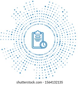 Blue line Exam sheet with clock icon isolated on white background. Test paper, exam, or survey concept. School test or exam. Abstract circle random dots. Vector Illustration