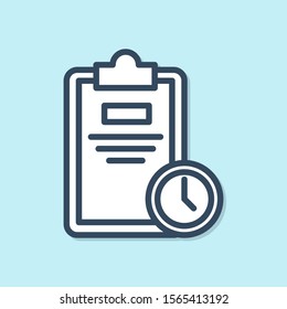 Blue line Exam sheet with clock icon isolated on blue background. Test paper, exam, or survey concept. School test or exam.  Vector Illustration
