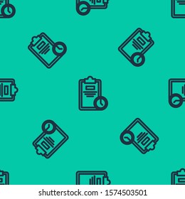 Blue line Exam sheet with clock icon isolated seamless pattern on green background. Test paper, exam, or survey concept. School test or exam.  Vector Illustration