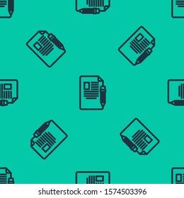 Blue line Exam sheet and pencil with eraser icon isolated seamless pattern on green background. Test paper, exam, or survey concept. School test or exam.  Vector Illustration
