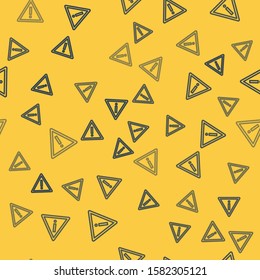 Blue line Exclamation mark in triangle icon isolated seamless pattern on yellow background. Hazard warning sign, careful, attention, danger warning important sign.  Vector Illustration