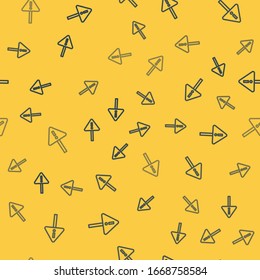 Marca de exclamación de línea azul en el icono triángulo aislado patrón sin fisuras en el fondo amarillo. Signo de advertencia de peligro, cuidado, atención, signo de advertencia de peligro. Ilustración vectorial