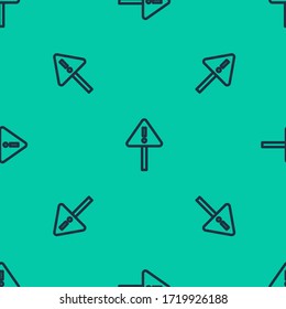 Blue line Exclamation mark in triangle icon isolated seamless pattern on green background. Hazard warning sign, careful, attention, danger warning sign.  Vector Illustration