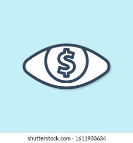 Blue line Eye with dollar icon isolated on blue background.  Vector Illustration