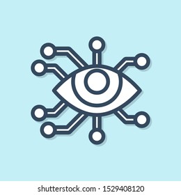 Blue line Eye scan icon isolated on blue background. Scanning eye. Security check symbol. Cyber eye sign.  Vector Illustration