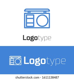 Blue line Eye shadow palette with brush icon isolated on white background. Logo design template element. Vector Illustration