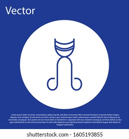 Blue line Eyelash curler icon isolated on blue background. Makeup tool sign. White circle button. Vector Illustration