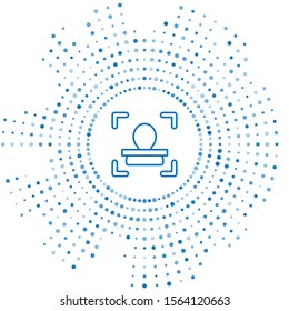 Blue line Face recognition icon isolated on white background. Face identification scanner icon. Facial id. Cyber security concept. Abstract circle random dots. Vector Illustration
