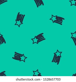 Blue line Falling star icon isolated seamless pattern on green background. Shooting star with star trail. Meteoroid, meteorite, comet, asteroid, star icon.  Vector Illustration