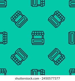 Blue line Fast street food cart with awning icon isolated seamless pattern on green background. Urban kiosk.  Vector