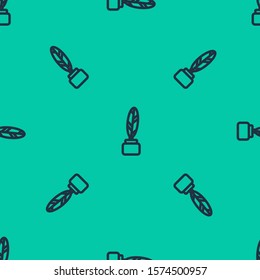 Blue line Feather and inkwell icon isolated seamless pattern on green background.  Vector Illustration