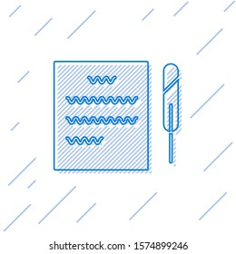 Blue line Feather pen and paper scroll icon isolated on white background.  Vector Illustration