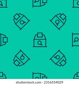 Blue line Female vote right icon isolated seamless pattern on green background.  Vector