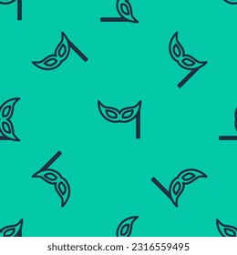 Blue line Festive mask icon isolated seamless pattern on green background. Merry Christmas and Happy New Year.  Vector