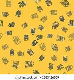 Blue line File document and paper clip icon isolated seamless pattern on yellow background. Checklist icon. Business concept.  Vector Illustration