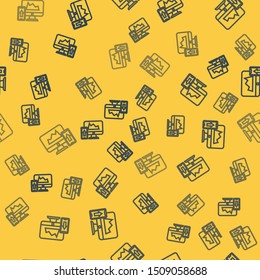 Blue line Financial chart or graph on the computer monitor and mobile phone icon isolated seamless pattern on yellow background. Strategy, planning, data, investment.  Vector Illustration