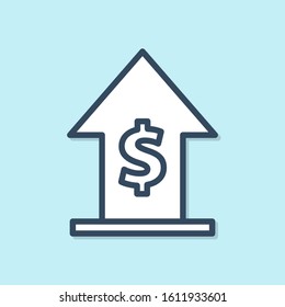 Blue line Financial growth and coin icon isolated on blue background. Increasing revenue.  Vector Illustration