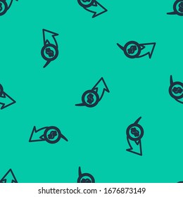 Blue line Financial growth and coin icon isolated seamless pattern on green background. Increasing revenue.  Vector Illustration