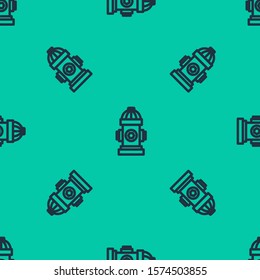 Blue line Fire hydrant icon isolated seamless pattern on green background.  Vector Illustration