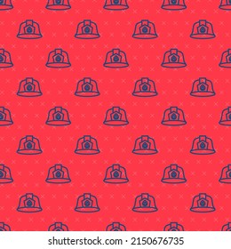 Blue line Firefighter helmet or fireman hat icon isolated seamless pattern on red background.  Vector
